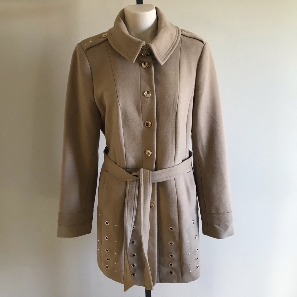 White House Black Market Eyelet Studded Coat Belted Jacket Tan Gold Size Large